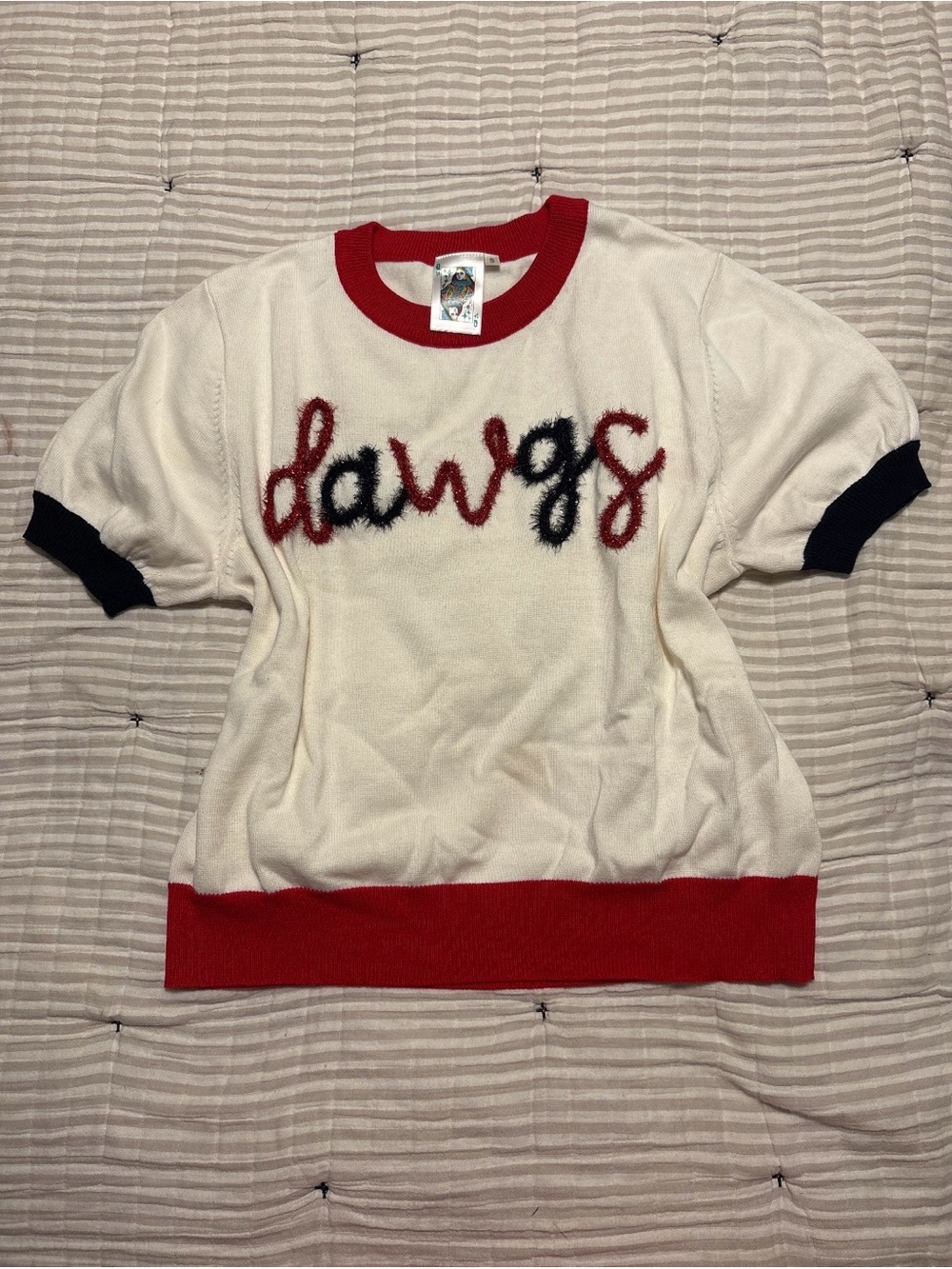 Women’s Queen of Sparkles 'dawgs' Short Sleeve Sweater Tee - Red & Black Script